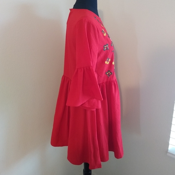 Women's Red Embroidered Dress with bell Sleeves, Red, Small - Picture 3 of 10